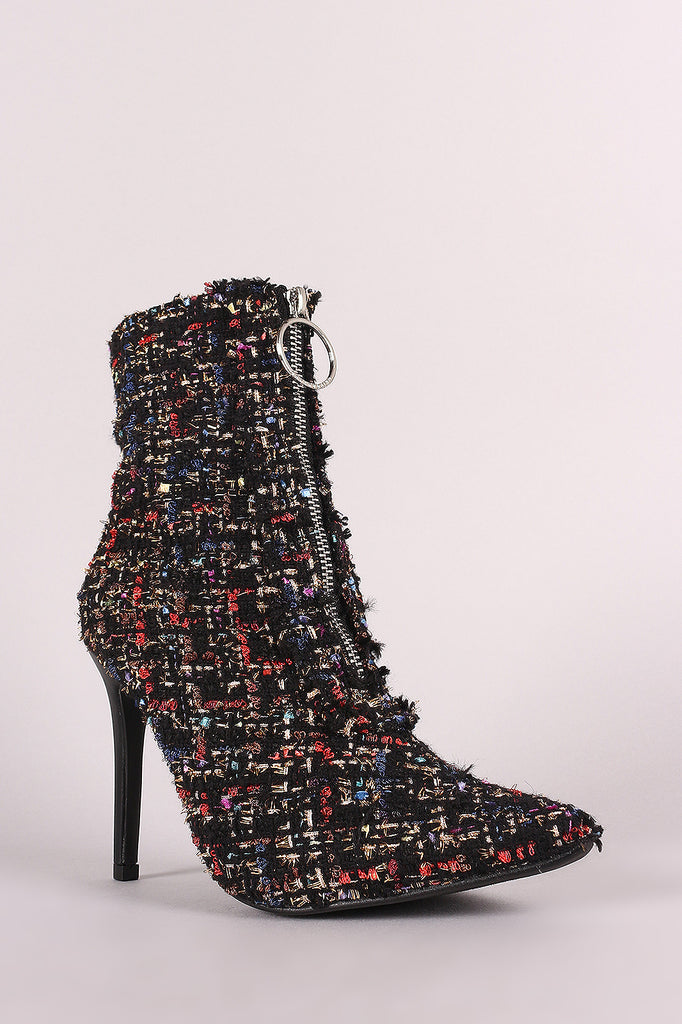 Tweed Front O-Ring Zip-Up Pointy Toe Stiletto Booties