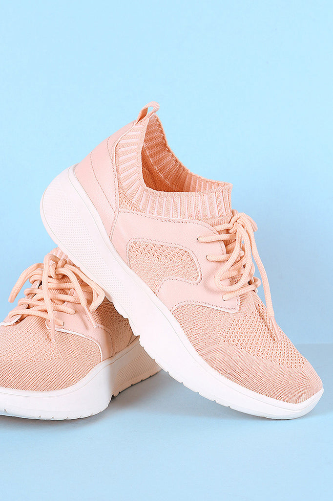 Qupid Stretchy Knit Round Toe Lace-Up Sneaker