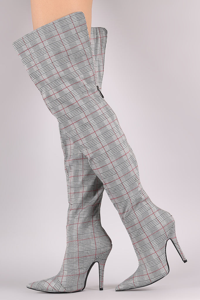 Glen Plaid Pointy Toe Over-The-Knee Stiletto Boots