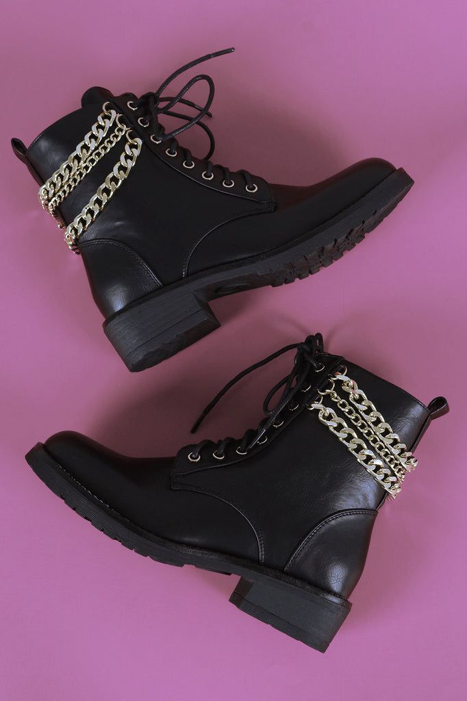Liliana Chains Accent Combat Lace-Up Ankle Boots