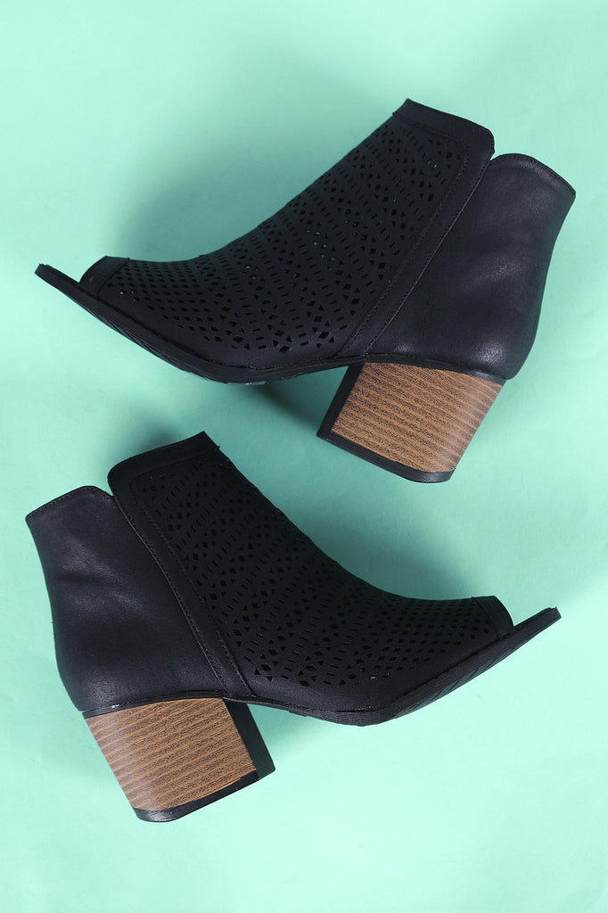 Qupid Perforated Peep Toe Chunky Heeled Ankle Boots