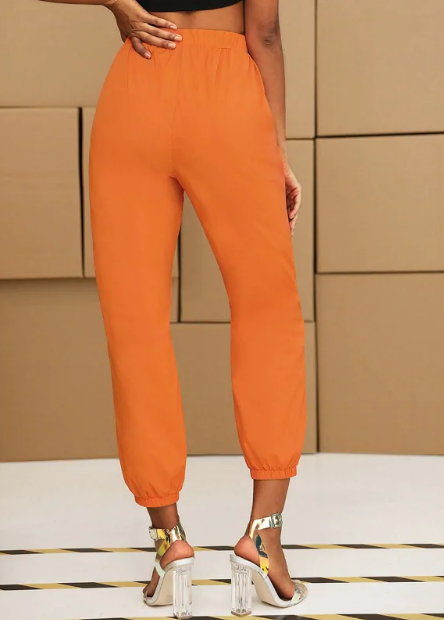Neon Orange Push Buckle Belted Cargo Pants